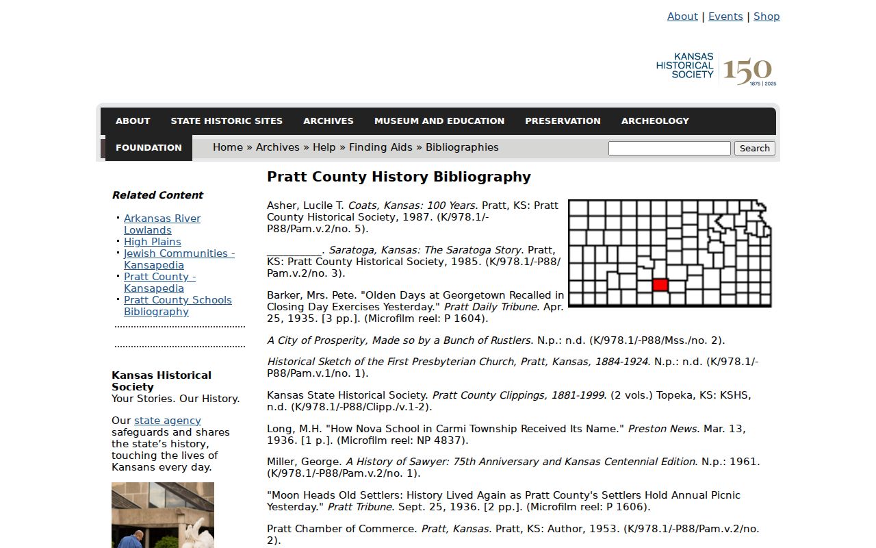 Kansas Historical Society Pratt County history bibliography