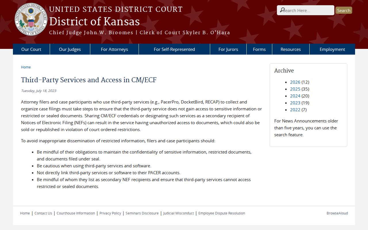 Official warning about restricted federal Sawyer court records